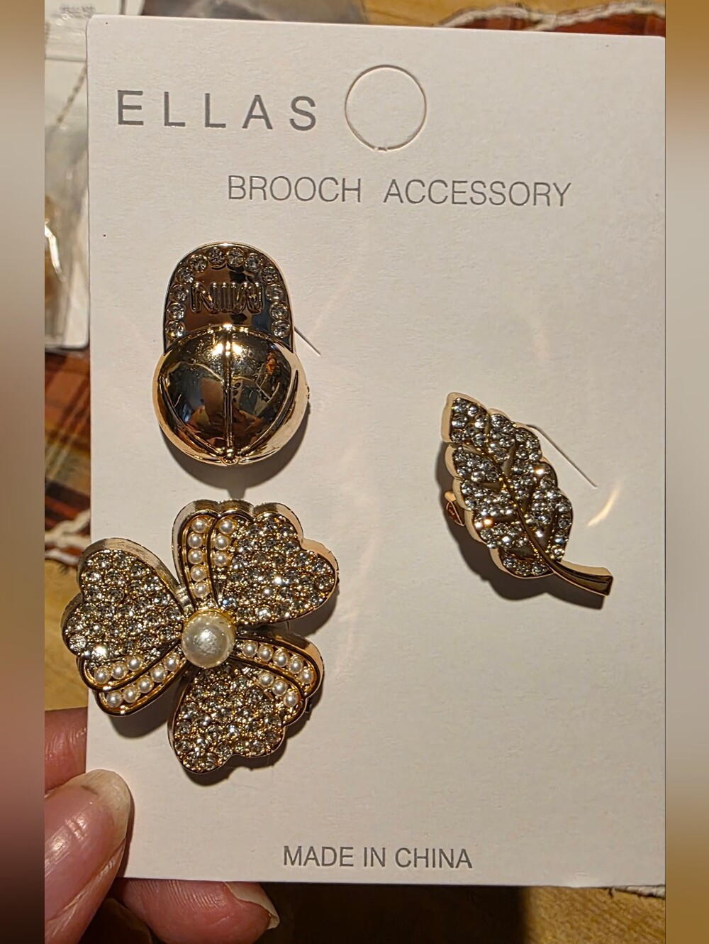 Gold Crystal Four-Leaf Clover & Leaf Brooch Set